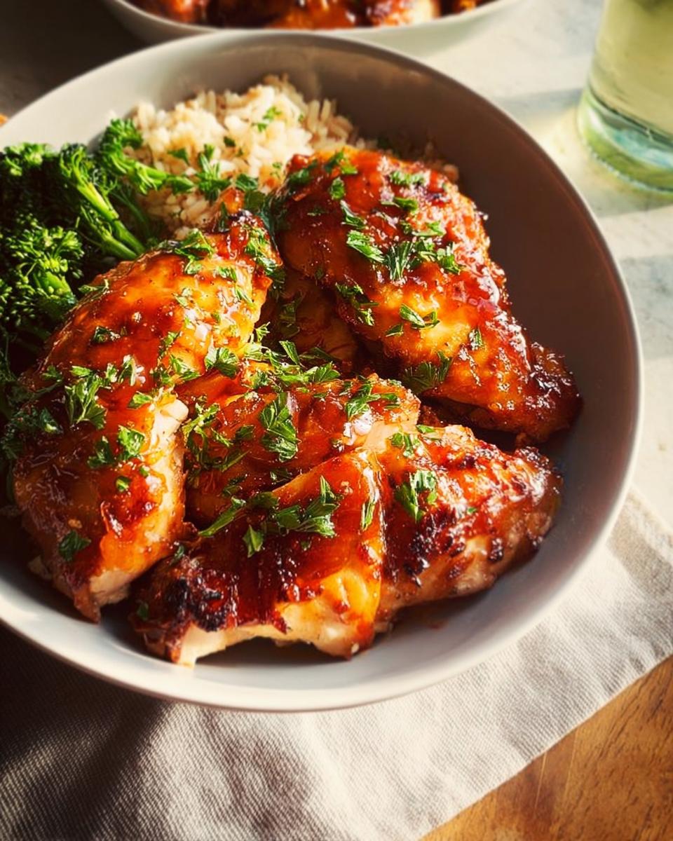 A bowl of glazed chicken pieces with brown rice and steamed broccoli, a perfect easy dinner recipe.