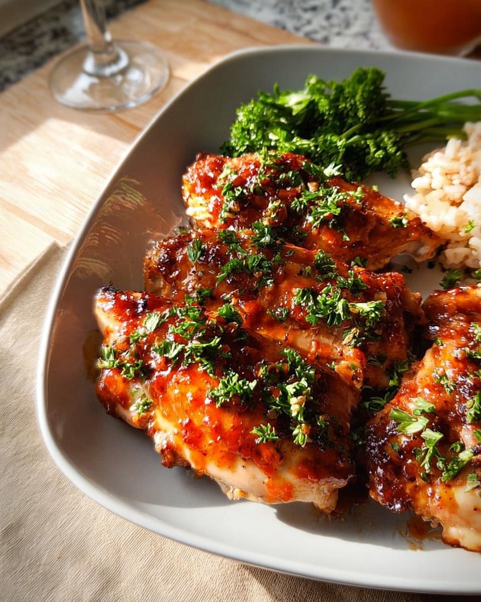 Close-up of glazed chicken breasts with fresh parsley, served with rice and steamed greens, a perfect easy dinner recipe.