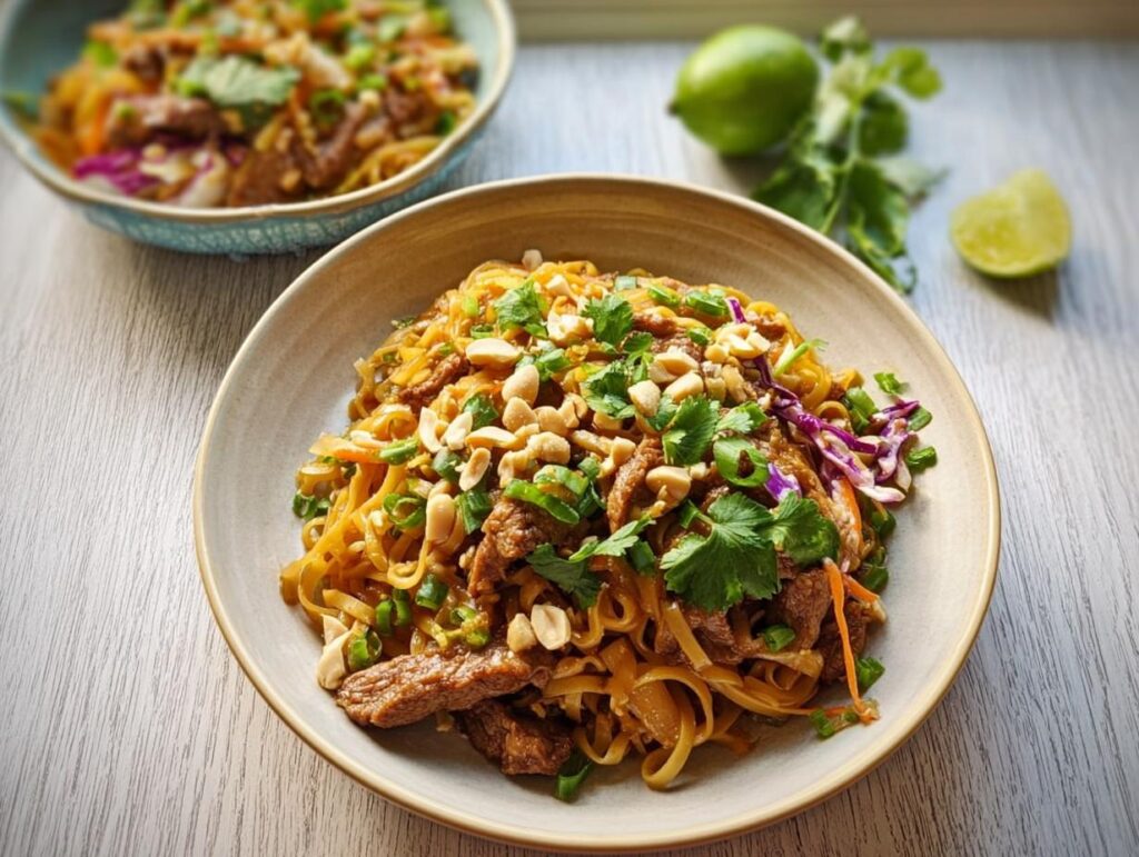 A close-up of a bowl of Pad Thai noodles with beef, peanuts, cilantro, and lime, perfect for easy dinner recipes.