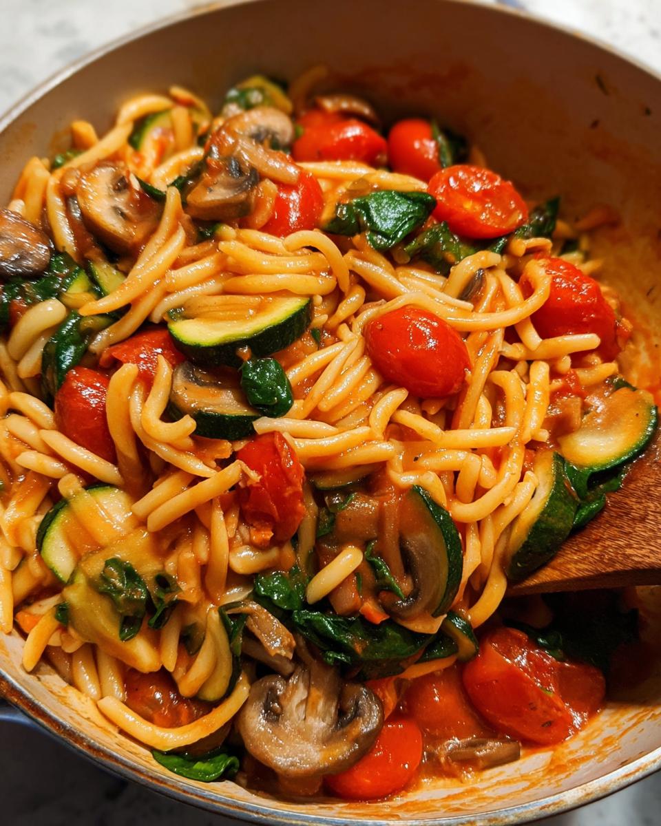 A close-up of pasta with zucchini, cherry tomatoes, mushrooms, and spinach, perfect for easy dinner recipes.