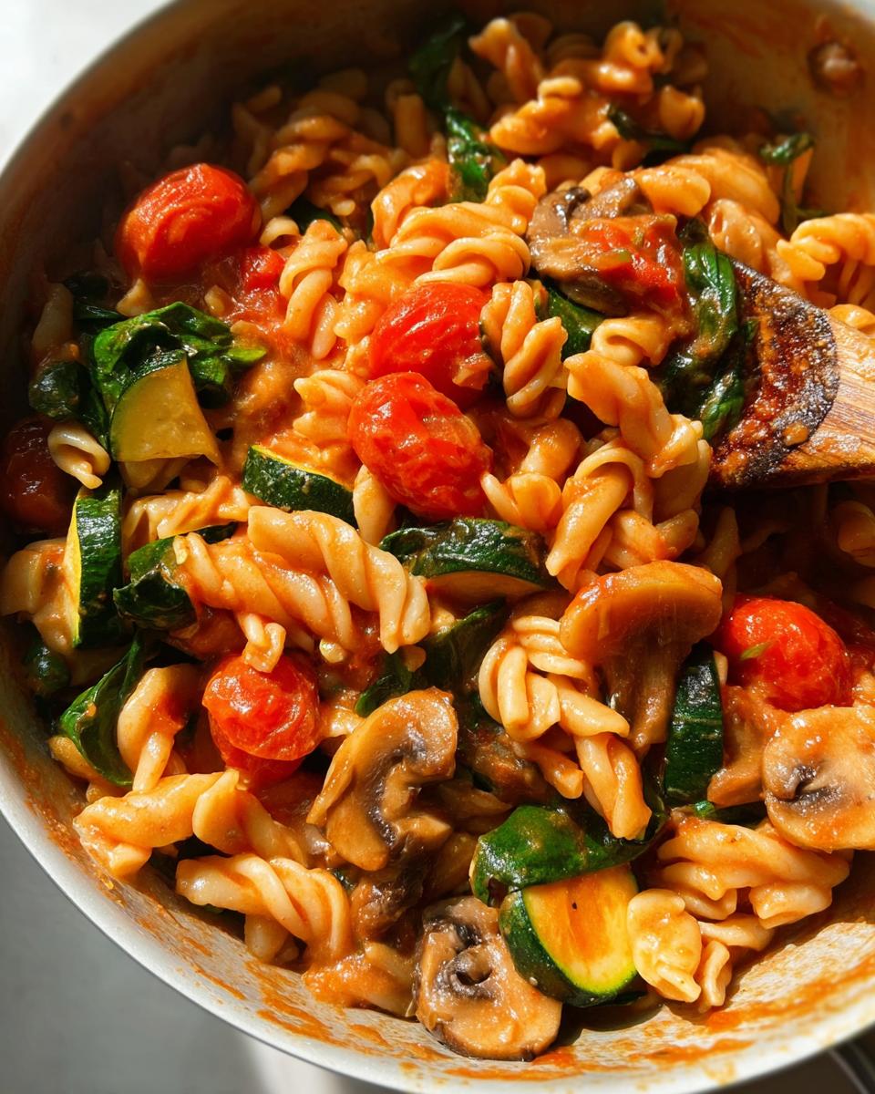 Close-up of a bowl of fusilli pasta with cherry tomatoes, zucchini, mushrooms, and spinach in a creamy sauce.