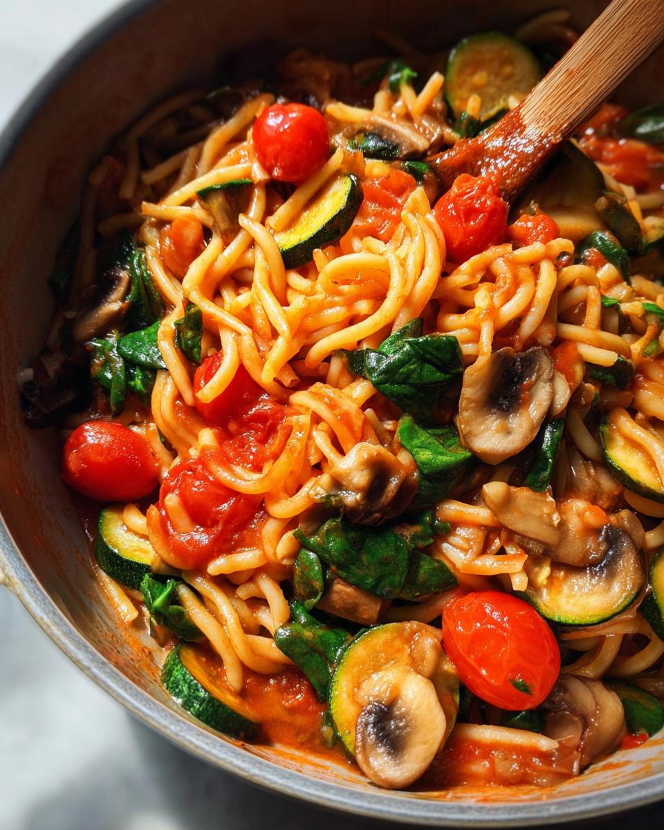 A close-up of a bowl of pasta with cherry tomatoes, zucchini, mushrooms, and spinach, perfect for easy dinner recipes.