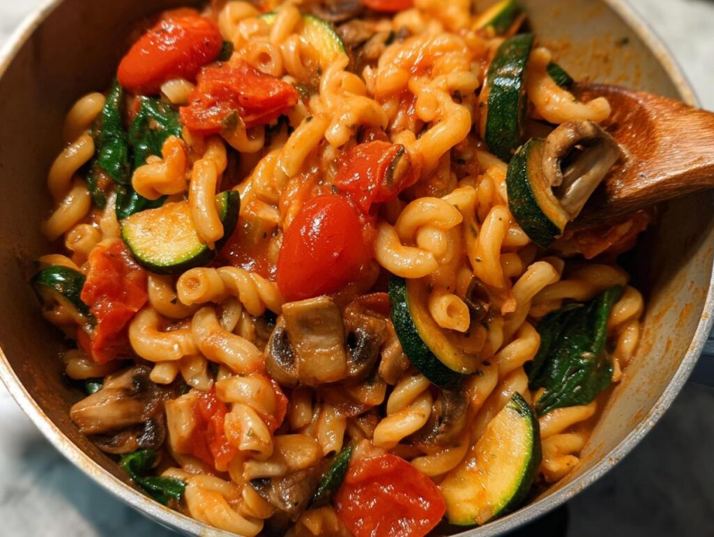 Close-up of a pan filled with fusilli pasta, zucchini, cherry tomatoes, mushrooms, and spinach in a tomato sauce.