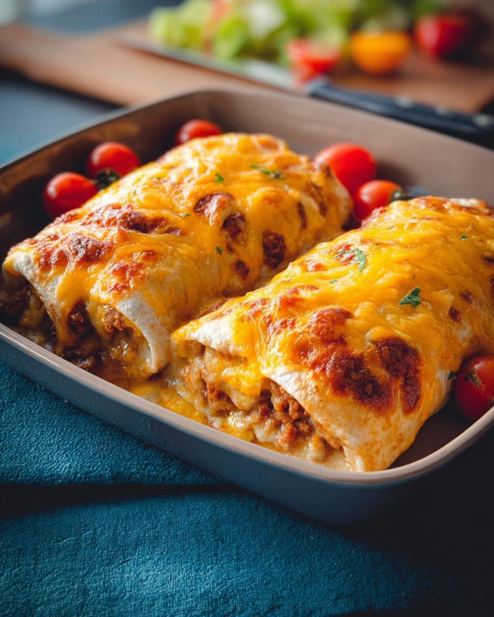 Two cheesy baked burritos topped with melted cheddar cheese, served in a baking dish with cherry tomatoes.
