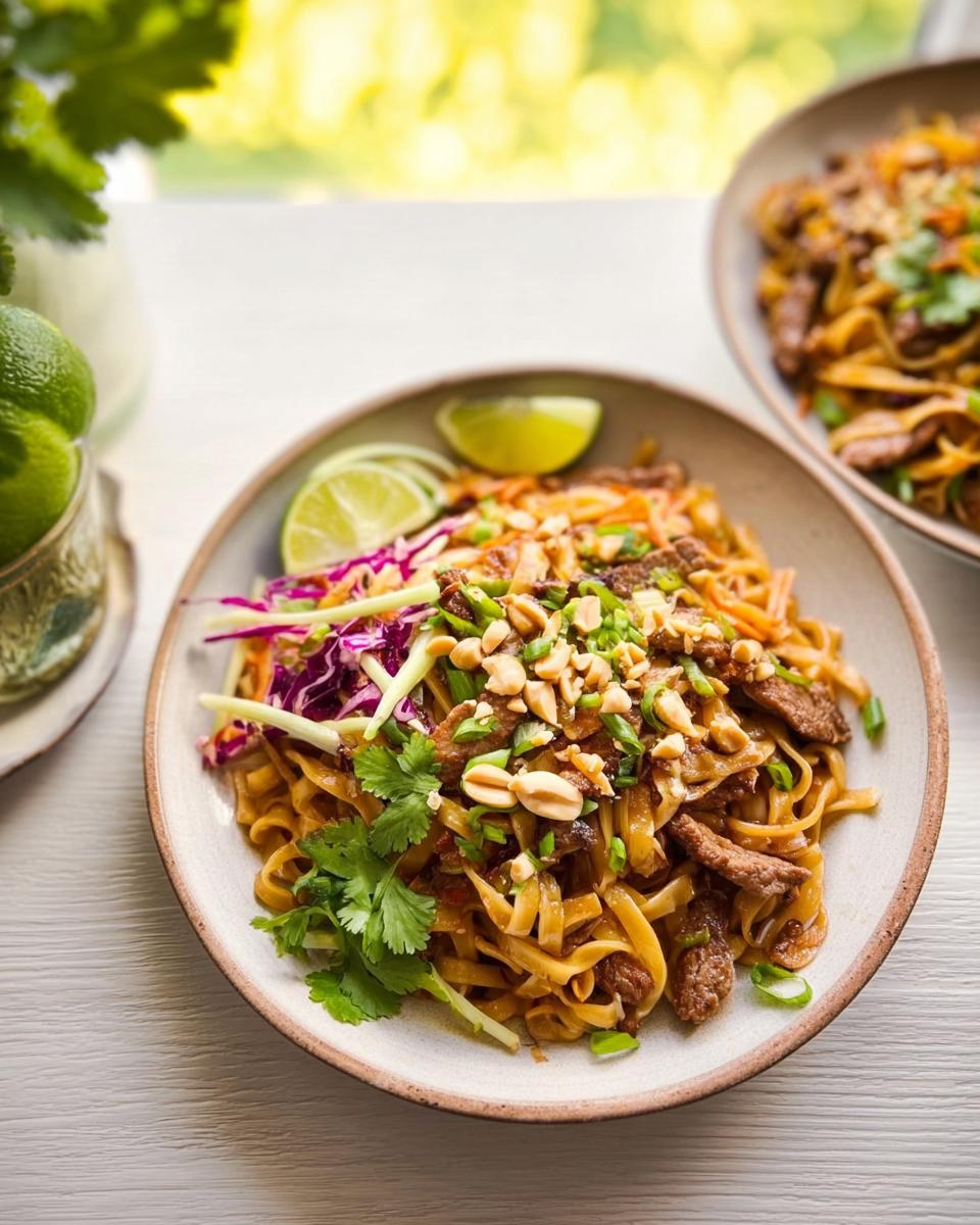 A close-up of a delicious beef stir fry noodle dish with fresh lime, cilantro, and peanuts, perfect for easy dinner recipes.