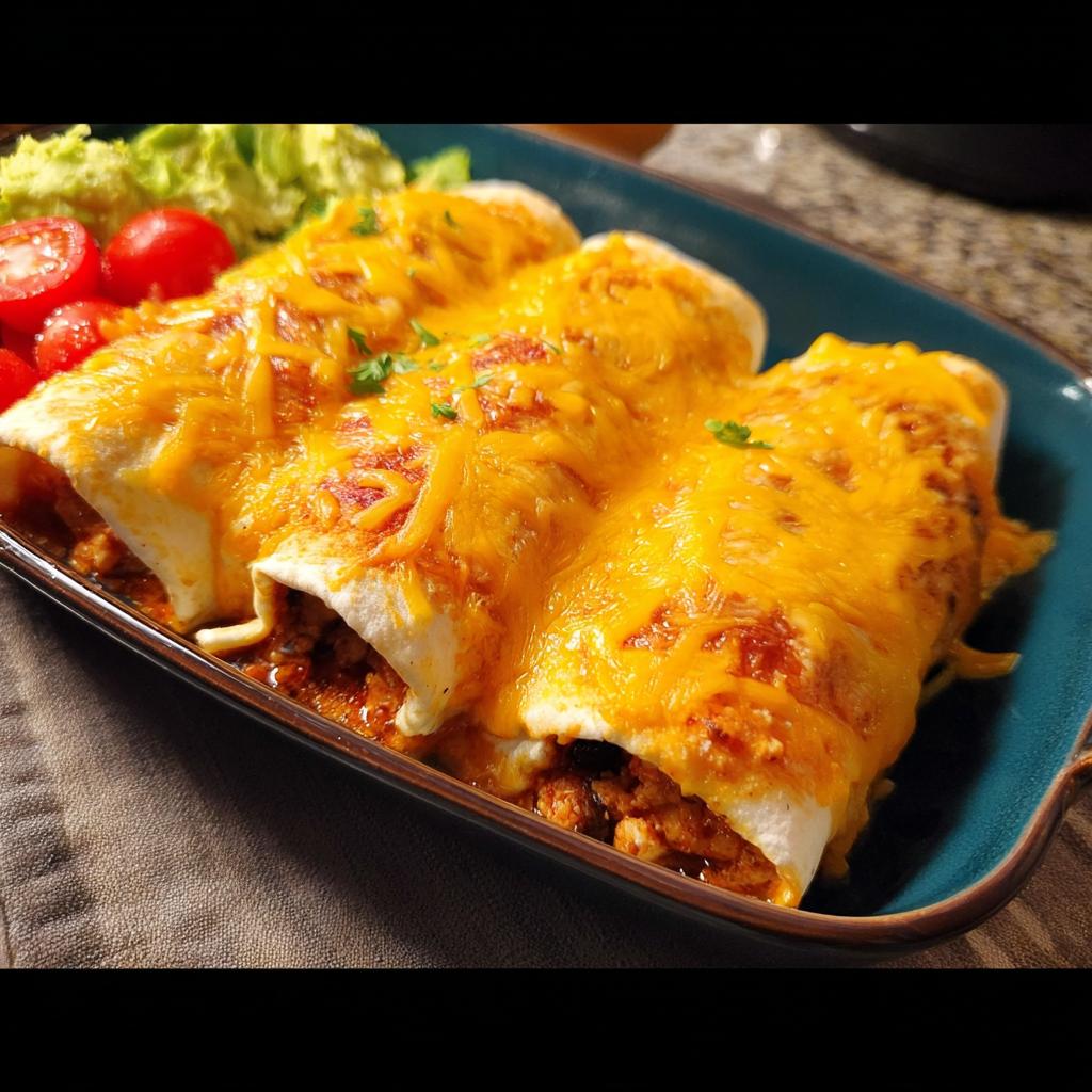 Three cheesy enchiladas served with guacamole and cherry tomatoes, part of easy dinner recipes.