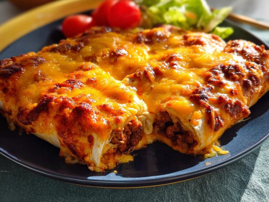 Close-up of cheesy enchiladas, a delicious and easy dinner recipe, served with cherry tomatoes and lettuce.