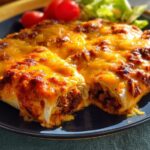 Close-up of cheesy enchiladas, a delicious and easy dinner recipe, served with cherry tomatoes and lettuce.