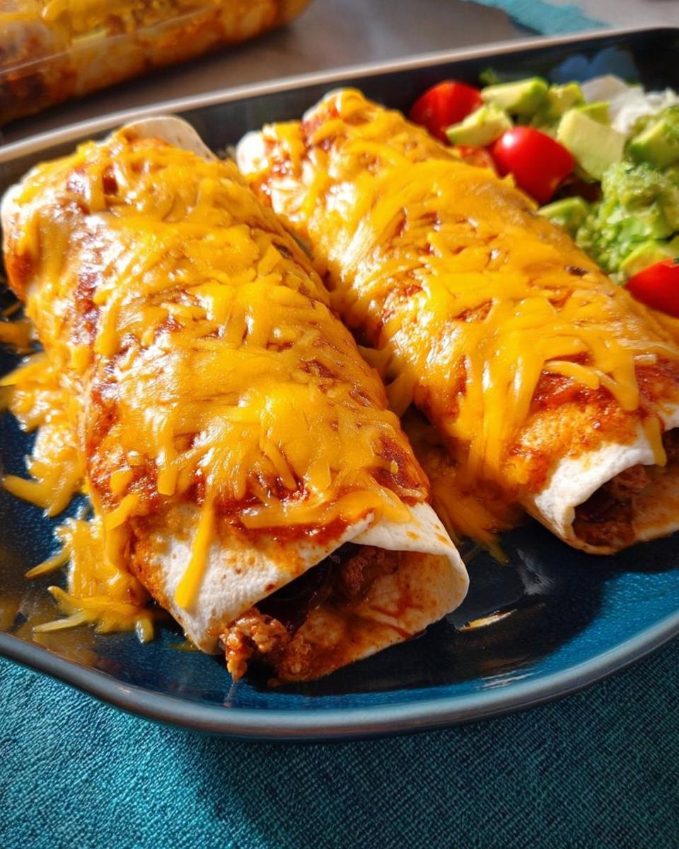Two cheesy chicken enchiladas topped with melted cheddar cheese, served with avocado and cherry tomatoes.