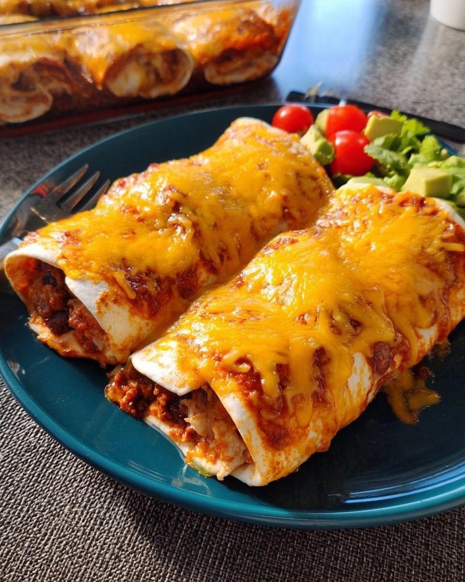 Two cheesy chicken enchiladas topped with melted cheddar cheese, served with avocado and cherry tomatoes.
