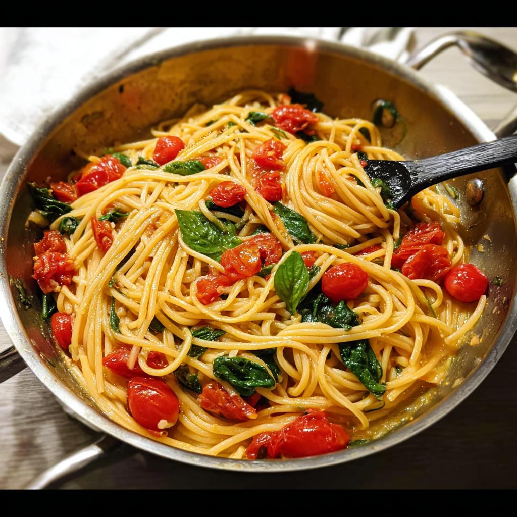 Close-up of spaghetti with cherry tomatoes and basil, perfect for easy dinner recipes meal prep.