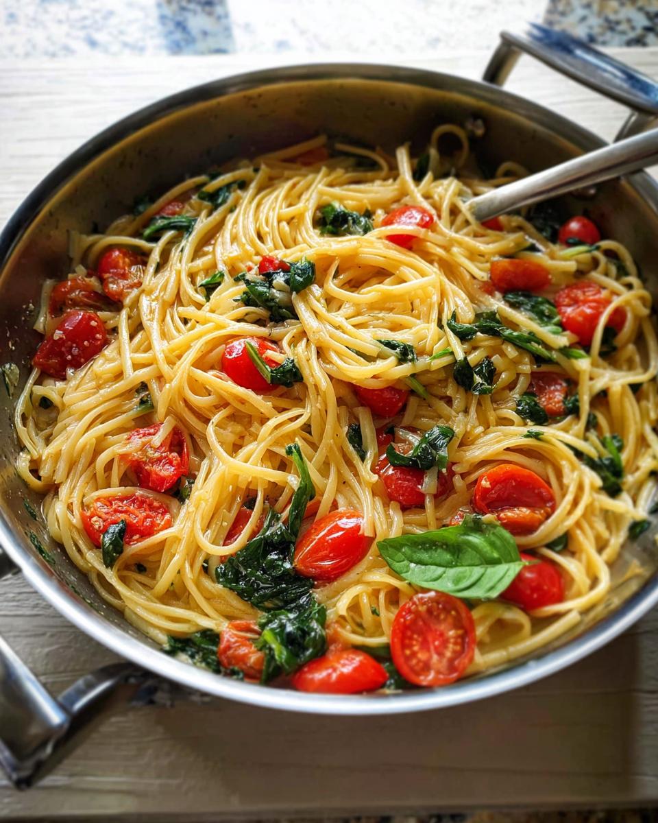 Close-up of a pan filled with spaghetti, cherry tomatoes, and spinach, perfect for easy dinner recipes meal prep.