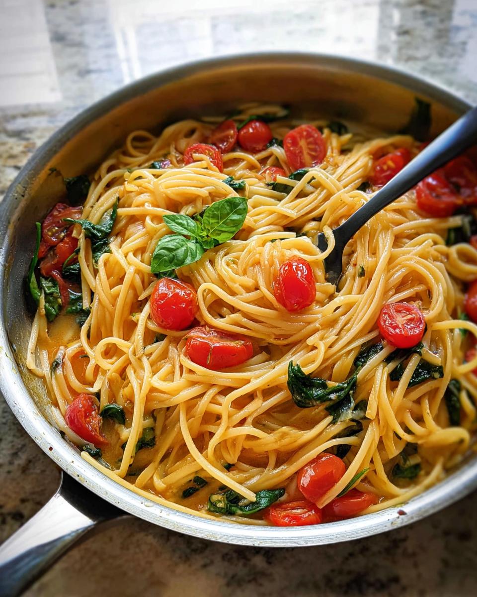 Close-up of a pan of spaghetti with cherry tomatoes, spinach, and basil, perfect for easy dinner recipes meal prep.