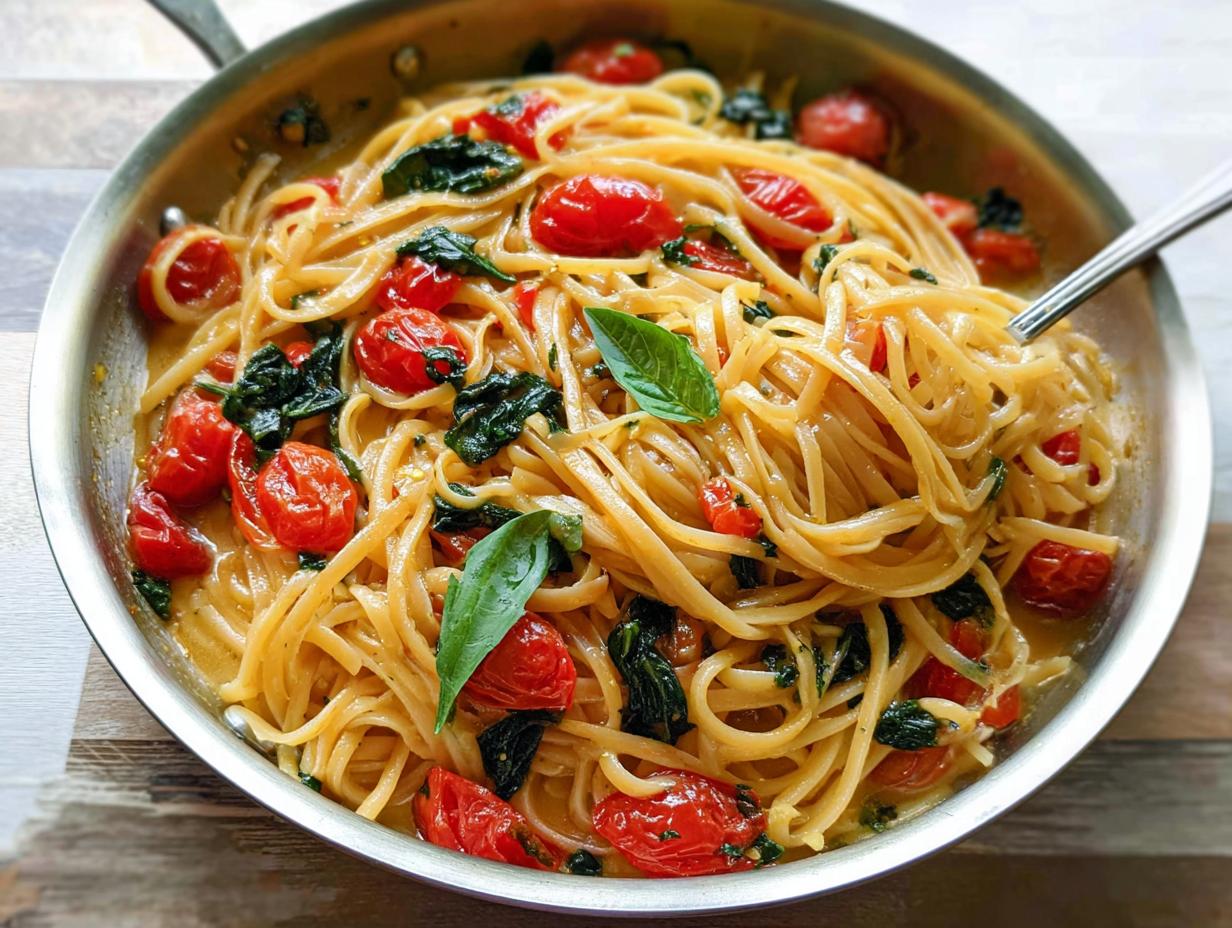 A close-up of a pasta dish with cherry tomatoes and basil, perfect for easy dinner recipes meal prep.