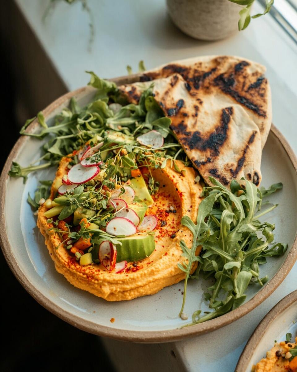 A vibrant plate of hummus topped with fresh vegetables and served with grilled pita bread, perfect for easy dinner recipes.