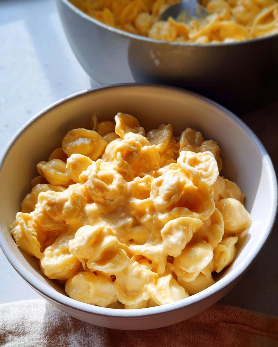 A close-up of a bowl filled with creamy mac and cheese, showcasing the pasta shells coated in a rich cheese sauce.