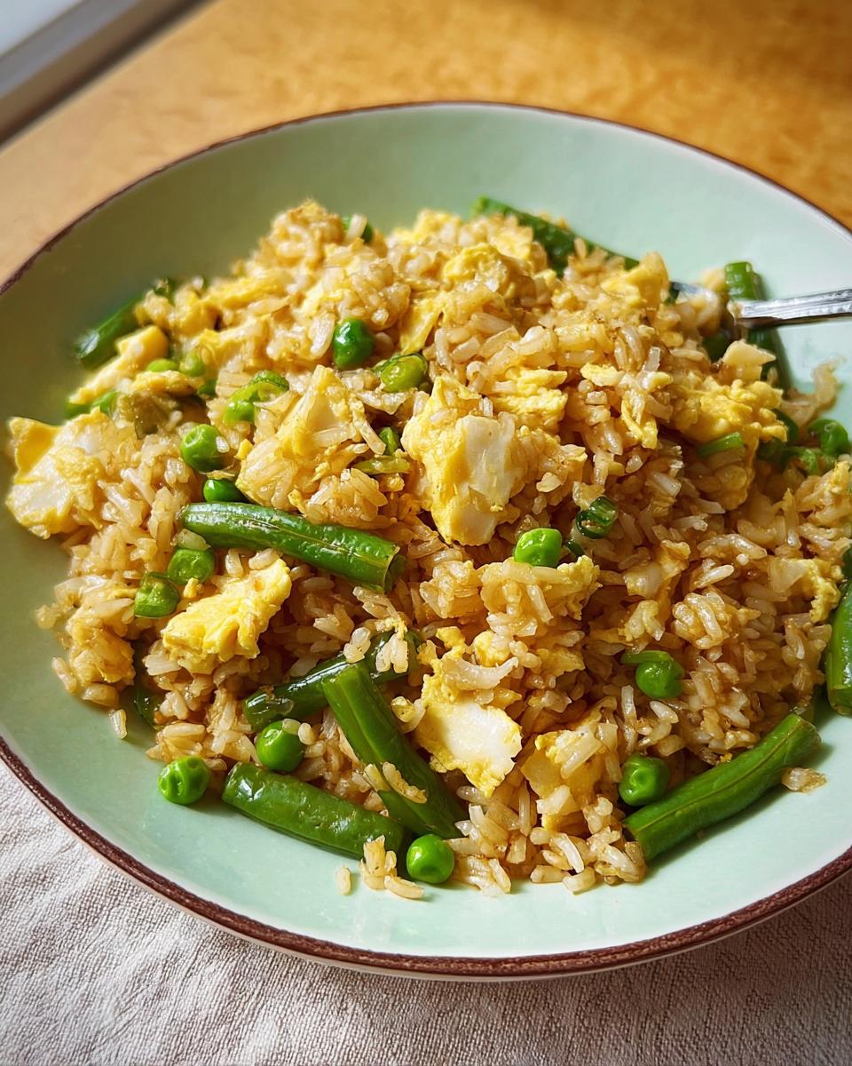 A close-up of a bowl of egg fried rice with green beans and peas, a simple and delicious 7-ingredient egg recipe.