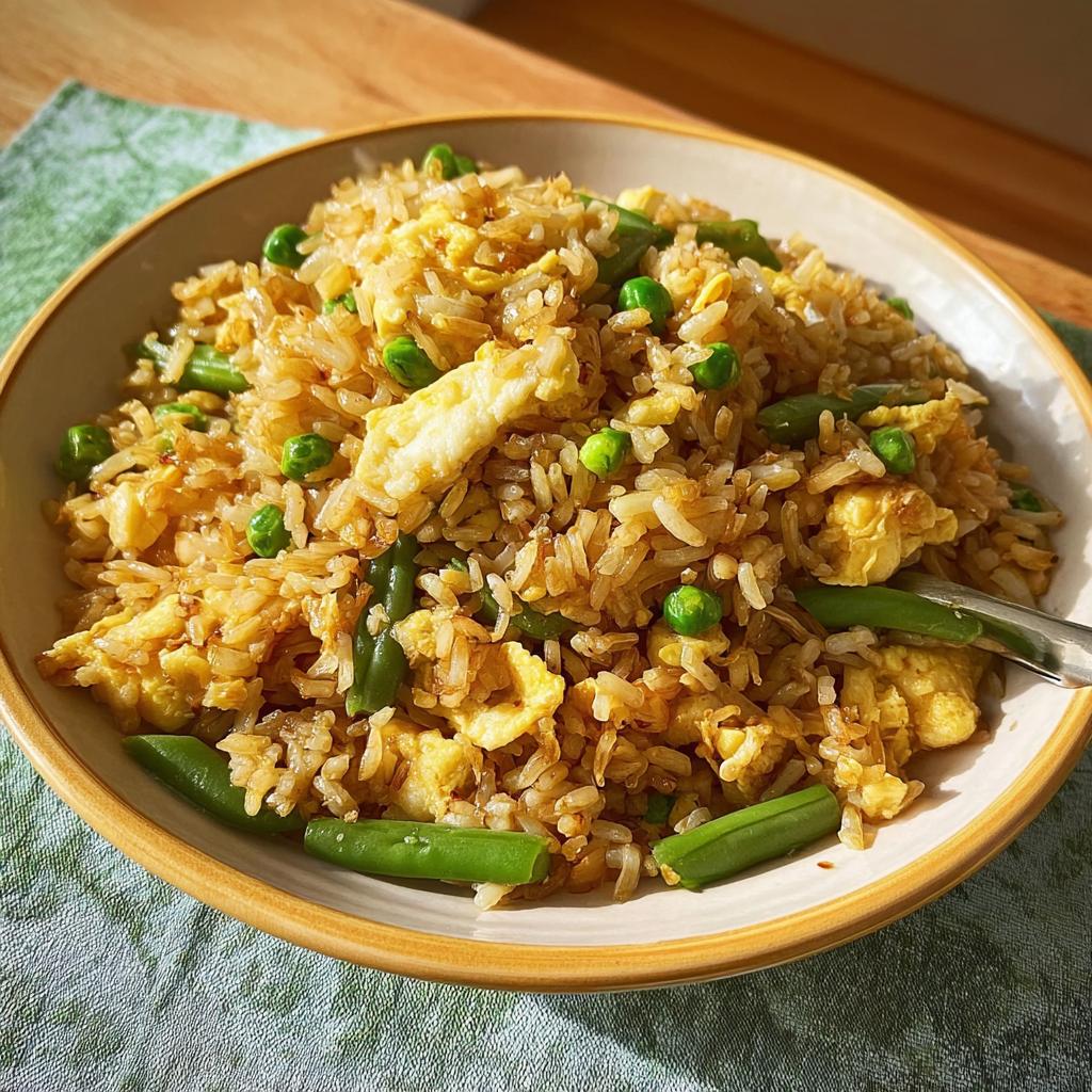 A bowl of delicious egg fried rice with green beans and peas, a perfect example of 7-Ingredient Egg Recipes.