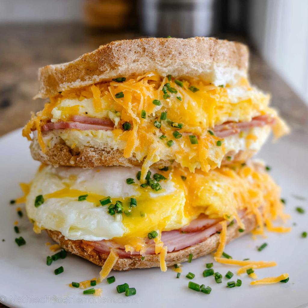 A hearty breakfast sandwich with fried eggs, ham, melted cheddar cheese, and chives on whole wheat bread.