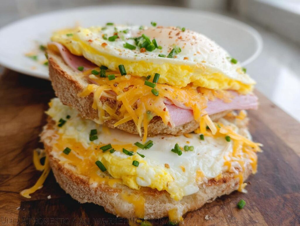 Close-up of a stacked egg and ham sandwich on toasted bread, topped with melted cheese and chives. A perfect sandwich recipe idea.