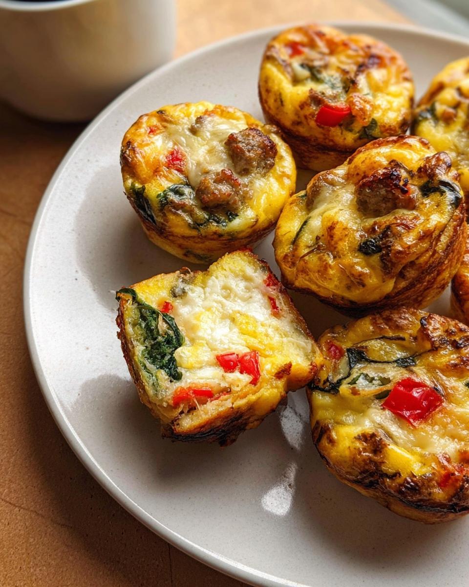 Close-up of savory egg muffins with sausage, spinach, and red peppers, perfect for egg recipes meal prep.