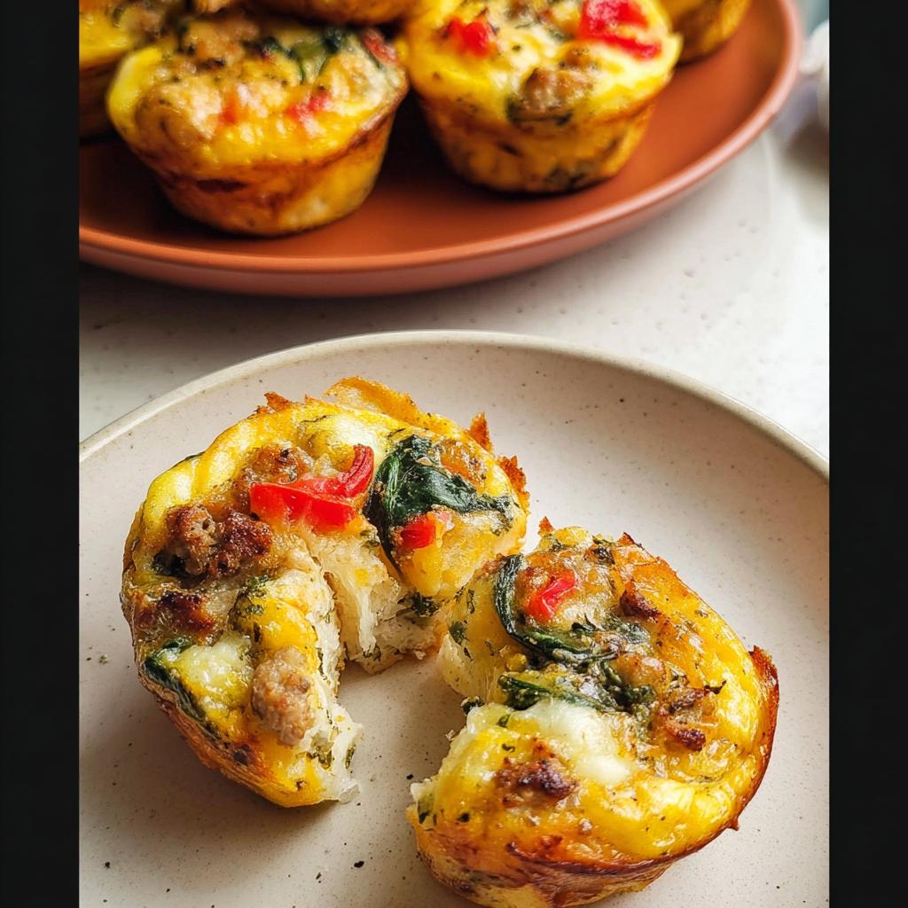 Close-up of a broken egg muffin, revealing sausage, spinach, and red pepper within the fluffy egg mixture. These are great egg recipes for meal prep.