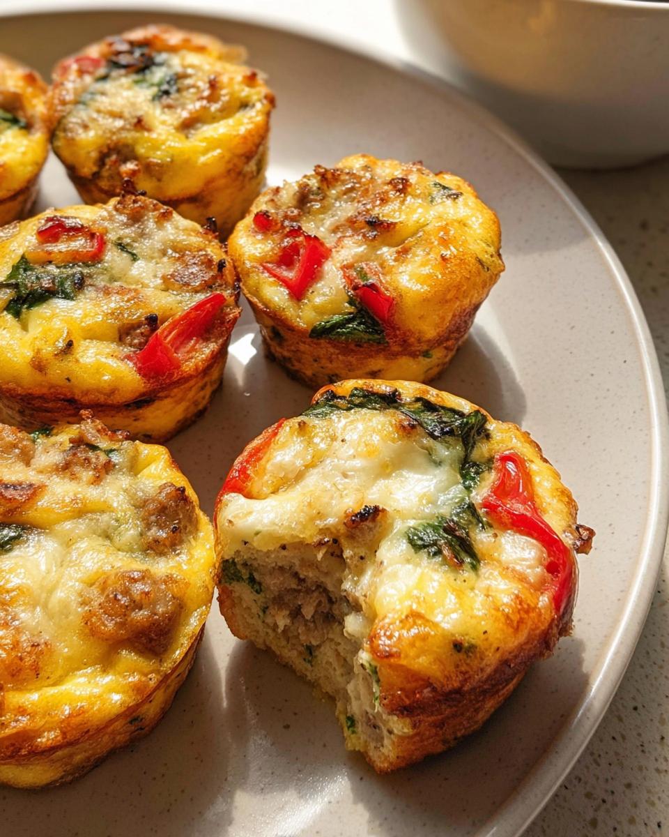 Close-up of baked egg muffins with sausage, spinach, and red peppers, perfect for egg recipes meal prep.