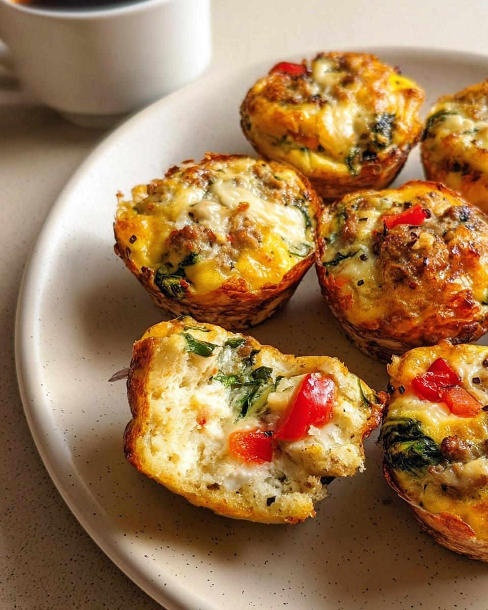 A plate of savory egg muffins with spinach, peppers, and cheese, perfect for egg recipes meal prep.