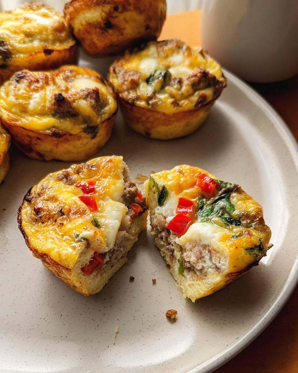 Close-up of a halved egg muffin, revealing a filling of ground meat, spinach, bell peppers, and cheese. Perfect for egg recipes meal prep.