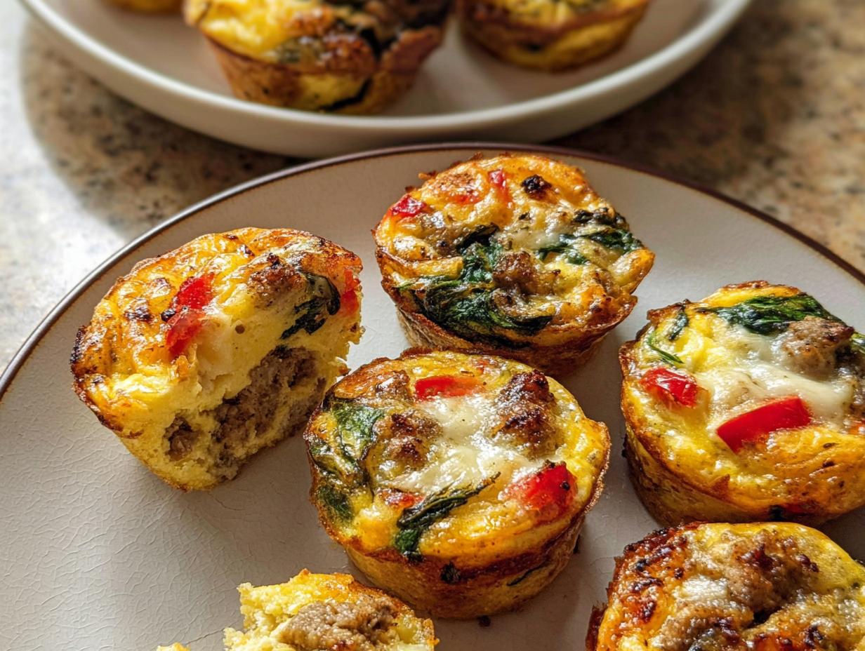 Close-up of savory egg muffins with sausage, spinach, and red peppers, perfect for egg recipes meal prep.
