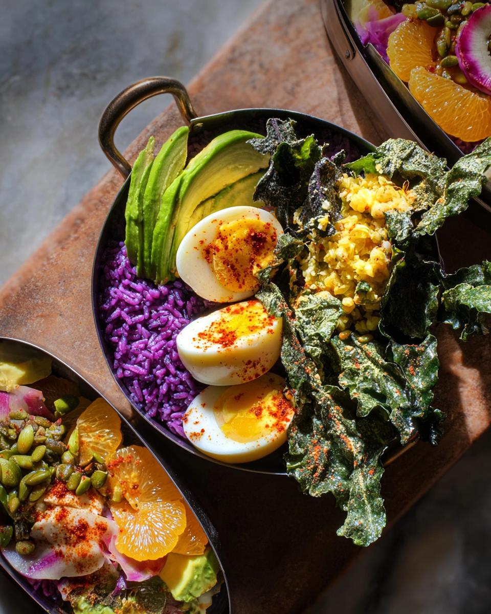 A vibrant bowl featuring hard-boiled eggs, purple rice, avocado slices, and crispy kale, part of The Ultimate Egg Recipes Guide.
