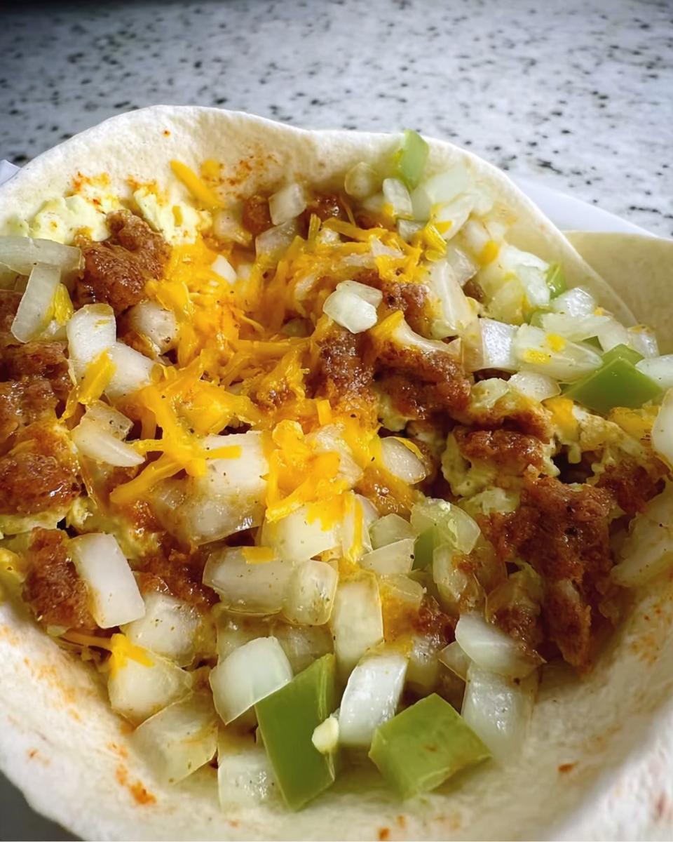 Close-up of a breakfast burrito filled with scrambled eggs, crumbled sausage, shredded cheese, diced onions, and green peppers.