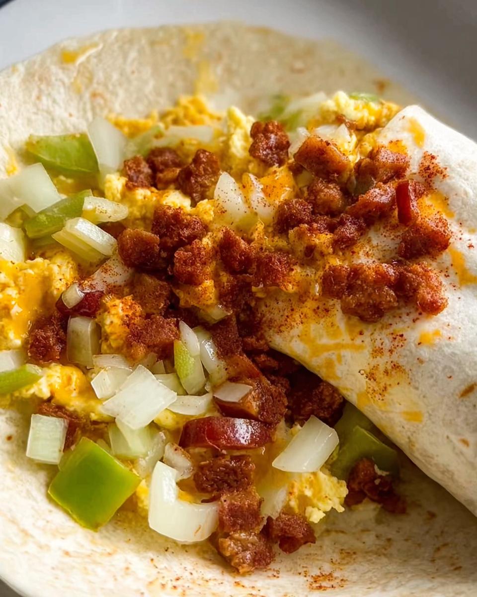 A close-up of a breakfast burrito filled with scrambled eggs, chorizo, onions, and green peppers. This is a popular egg recipe.