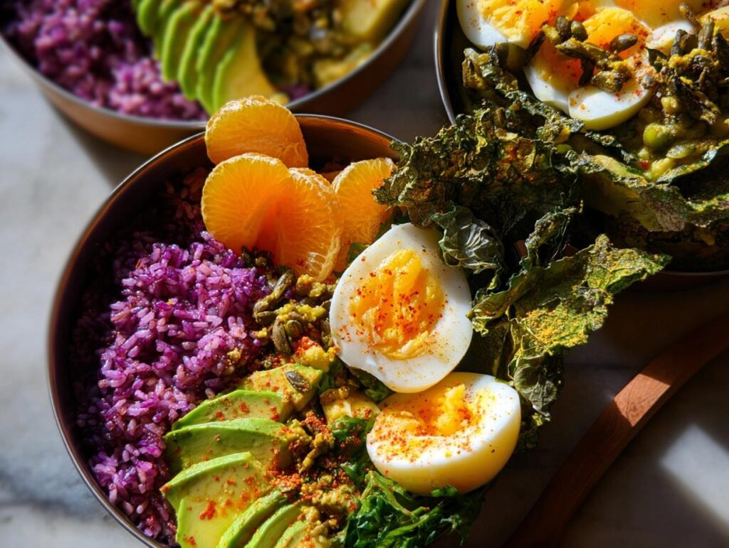 A vibrant bowl featuring a hard-boiled egg recipe, purple rice, sliced avocado, and orange segments.