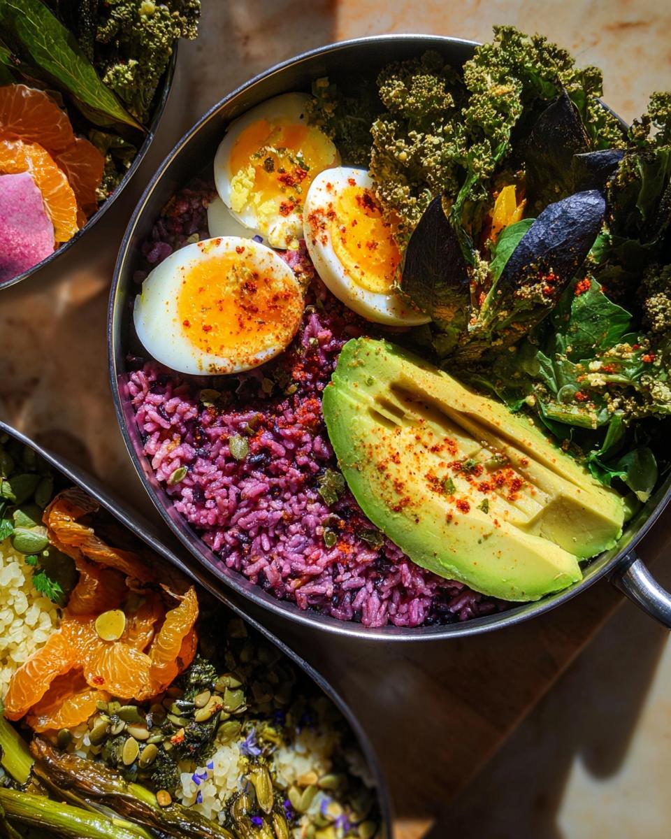 A colorful rice bowl featuring halved hard-boiled eggs, purple rice, avocado, and greens, part of The Ultimate Egg Recipes Guide for Beginners.
