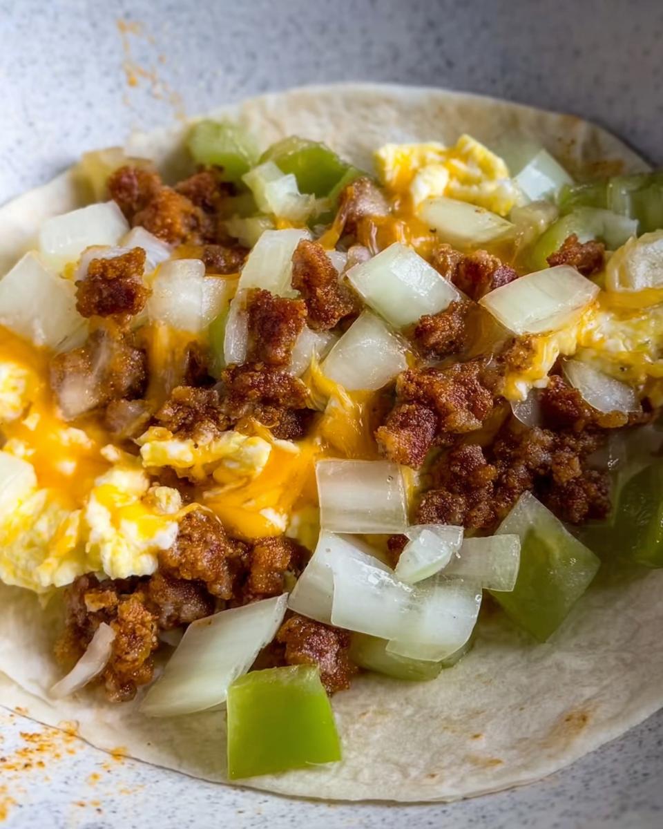 A close-up of a breakfast taco filled with scrambled eggs, crumbled sausage, diced onions, green peppers, and melted cheese.