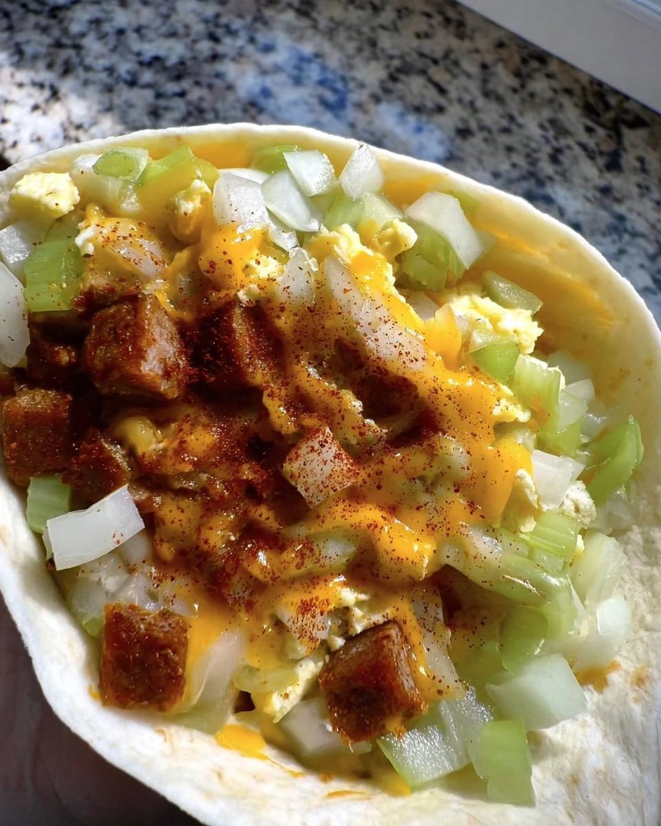 Close-up of a breakfast taco filled with scrambled eggs, sausage, chopped celery, onions, and melted cheese, seasoned with paprika.