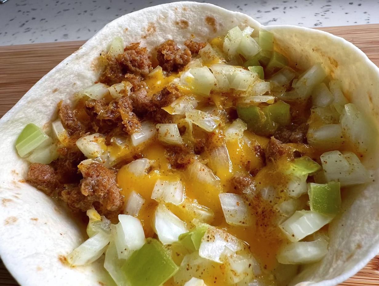 Close-up of a breakfast taco filling with crumbled sausage, diced onions, green peppers, and melted cheese.