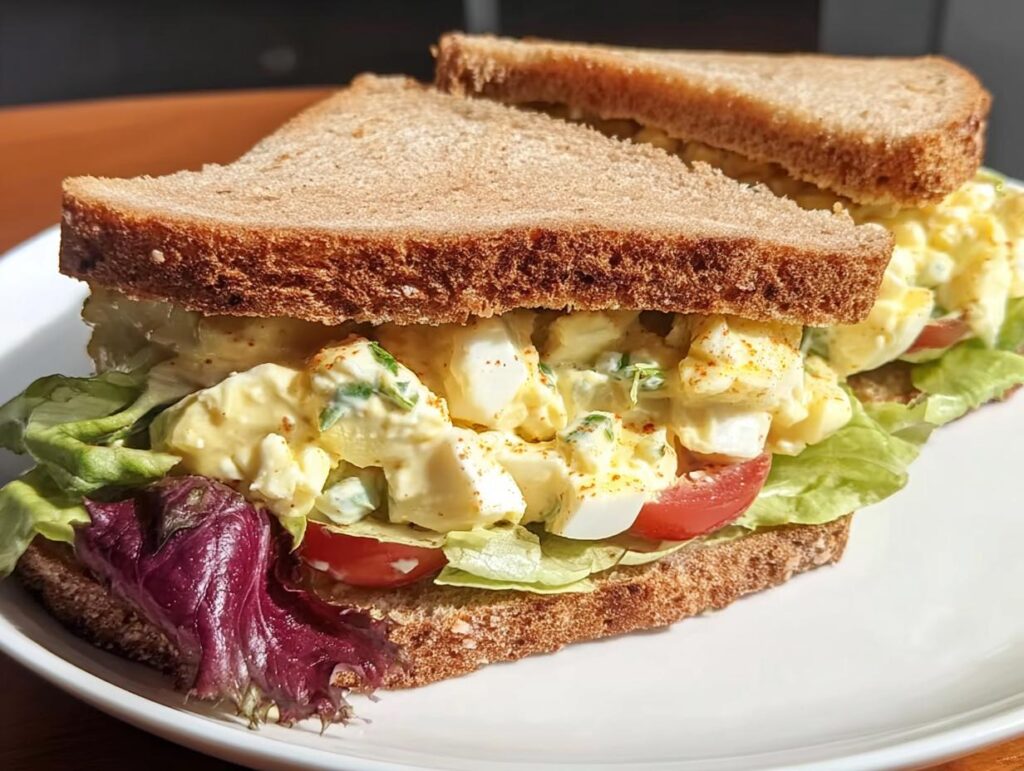 A delicious egg salad sandwich with whole wheat bread, lettuce, tomato, and a creamy egg filling, perfect for restaurant-style sandwich ideas.