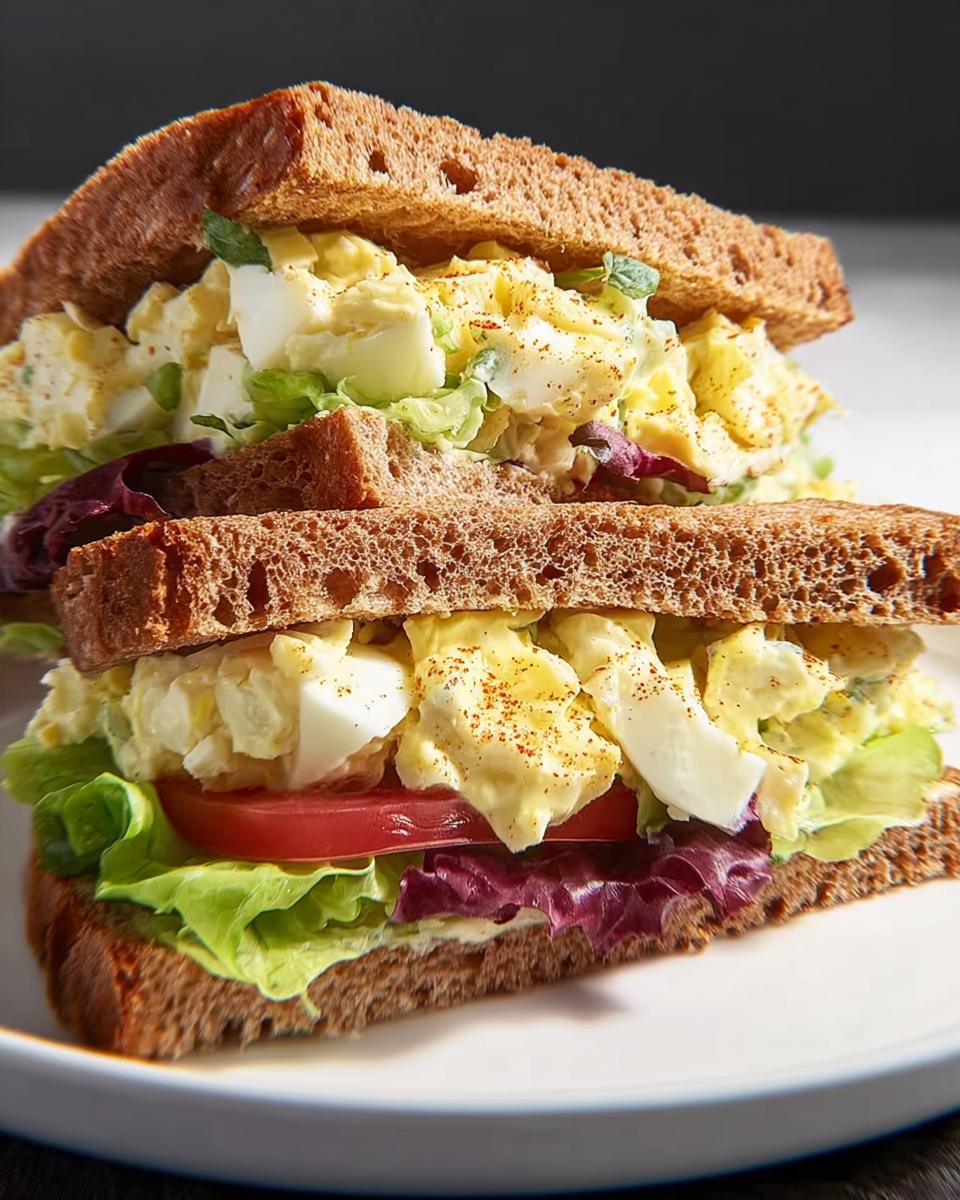 A delicious egg salad sandwich with whole wheat bread, lettuce, tomato, and paprika, showcasing restaurant-style sandwich ideas.