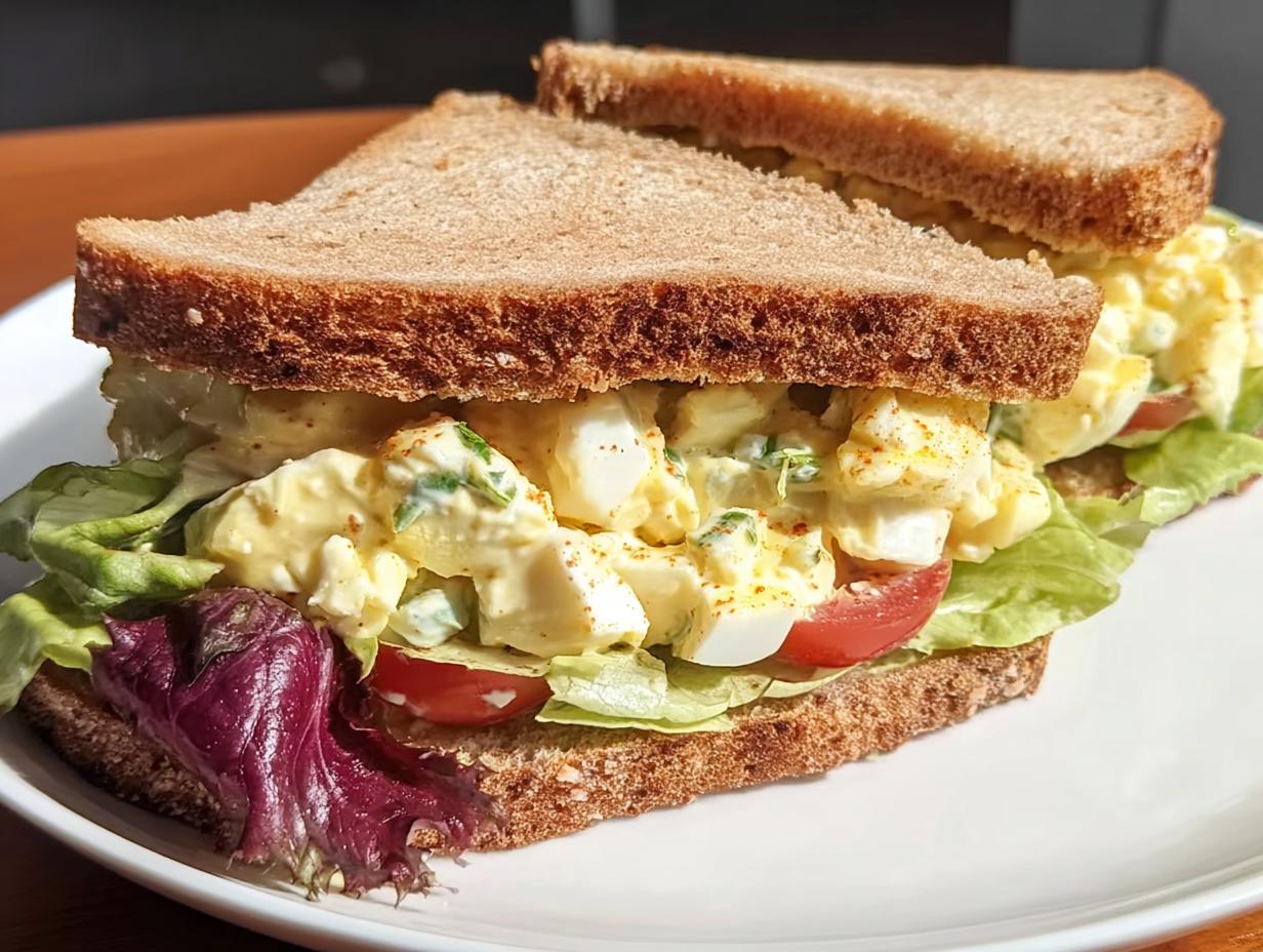 A delicious egg salad sandwich with whole wheat bread, lettuce, tomato, and a creamy egg filling, perfect for restaurant-style sandwich ideas.