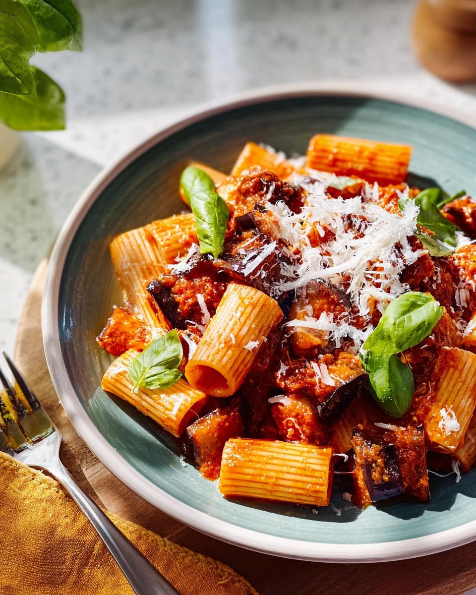 A close-up of rigatoni pasta with a rich tomato and eggplant sauce, topped with grated cheese and fresh basil. Part of 12-Ingredient Pasta Recipes.
