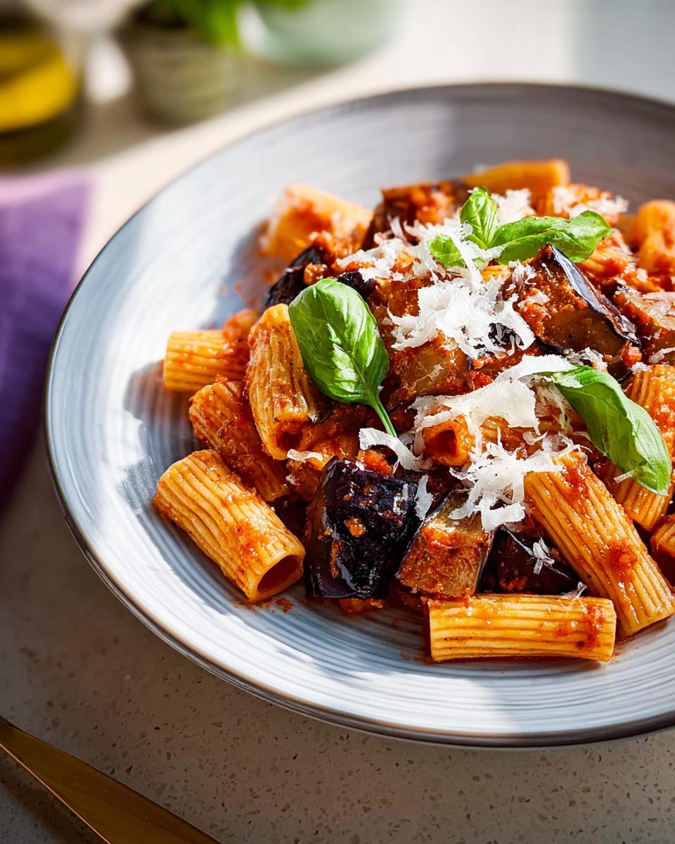 A close-up shot of rigatoni pasta with eggplant, tomato sauce, and fresh basil, a perfect example of 12-Ingredient Pasta Recipes.