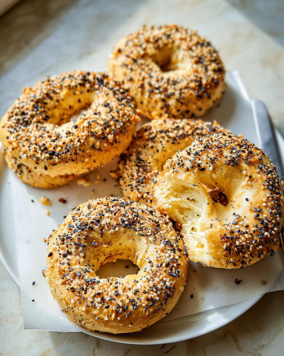 A plate of freshly baked everything bagels, perfect for quick breakfast ideas for busy weeknights.