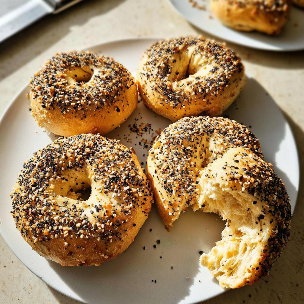 A plate of four everything bagels, one with a bite taken out, showcasing their fluffy interior. Perfect for breakfast ideas.