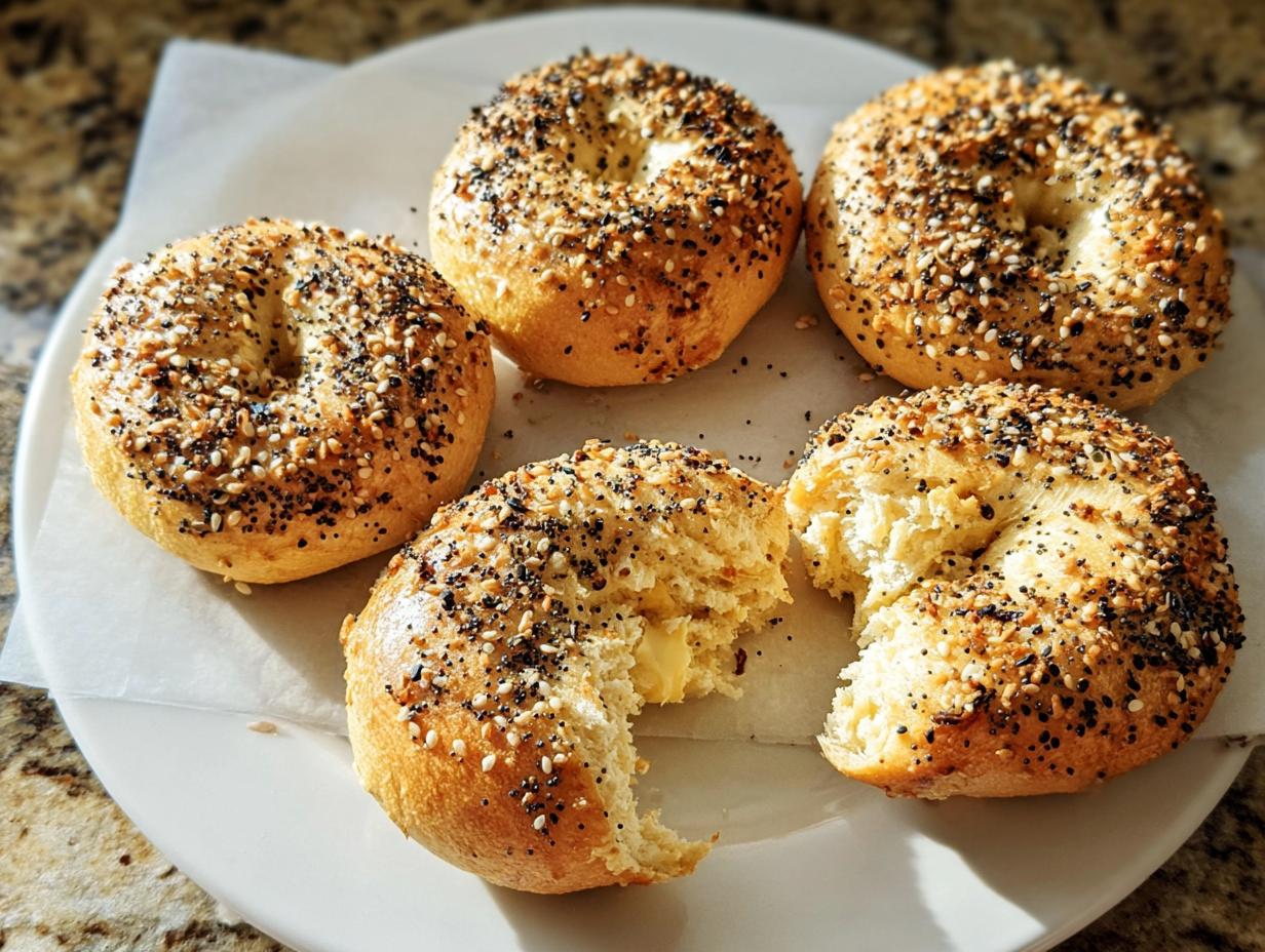 A plate of everything bagels, one of which is bitten into, revealing a buttery interior. Perfect for busy weeknight breakfasts.