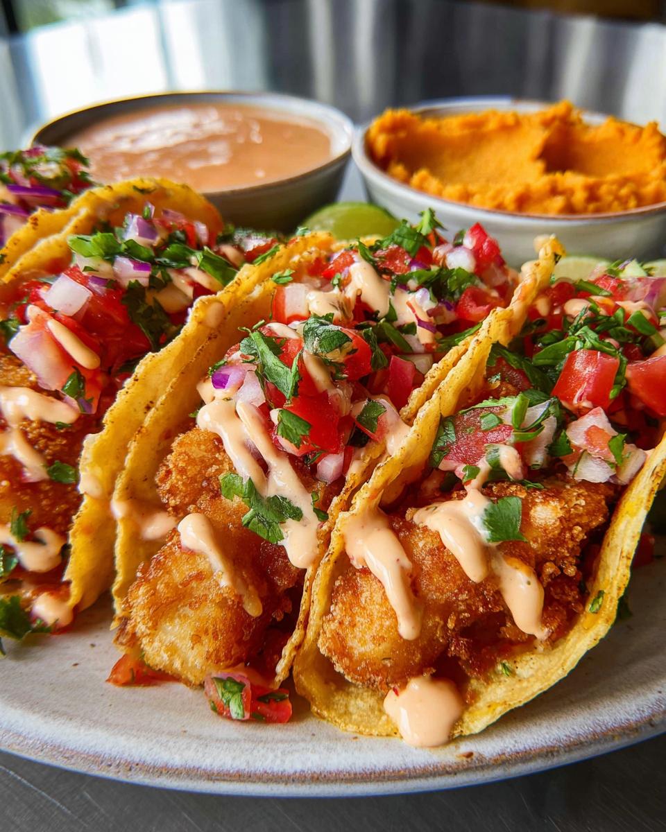 Close-up of crispy fish tacos, topped with pico de gallo, cilantro, and a creamy sauce, perfect for Taco Tuesday recipes.