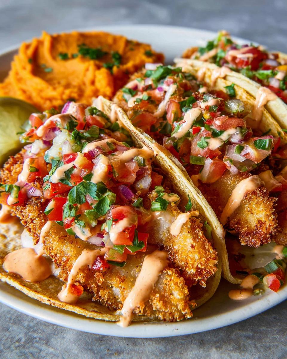 Close-up of crispy fish tacos topped with pico de gallo and a creamy sauce, served with mashed sweet potatoes. Perfect for Taco Tuesday recipes.