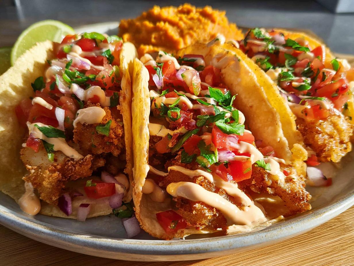 Three crispy fish tacos loaded with pico de gallo, crema, and cilantro, served with a side of mashed sweet potatoes for Taco Tuesday.