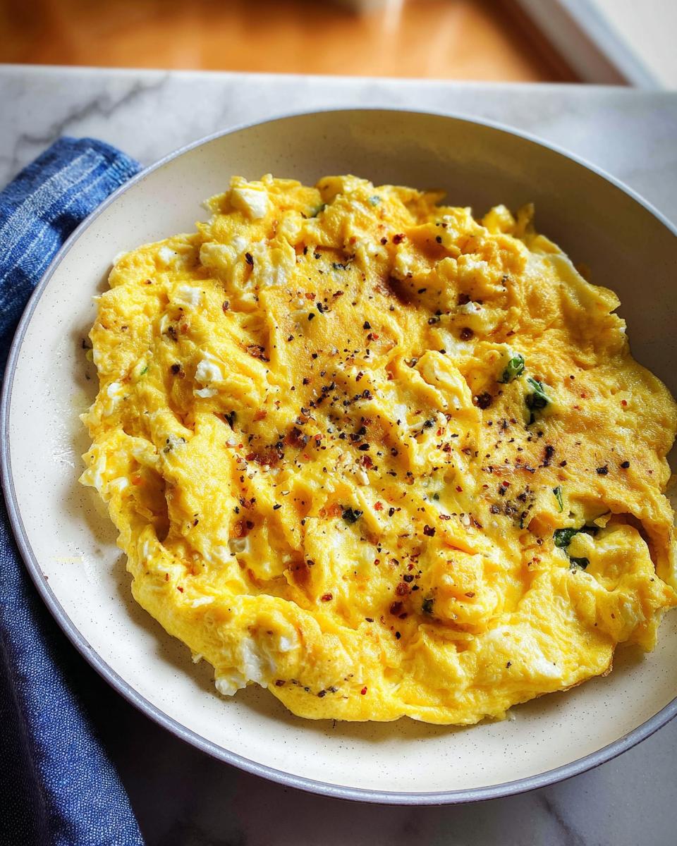 A close-up of a fluffy omelette, seasoned with pepper and herbs, served in a bowl.
